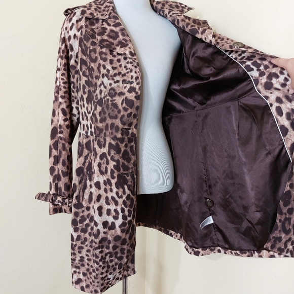 Vintage Dennis Basso Leopard Print Collared Longline Trench Coat Size Small - Picture 10 of 15